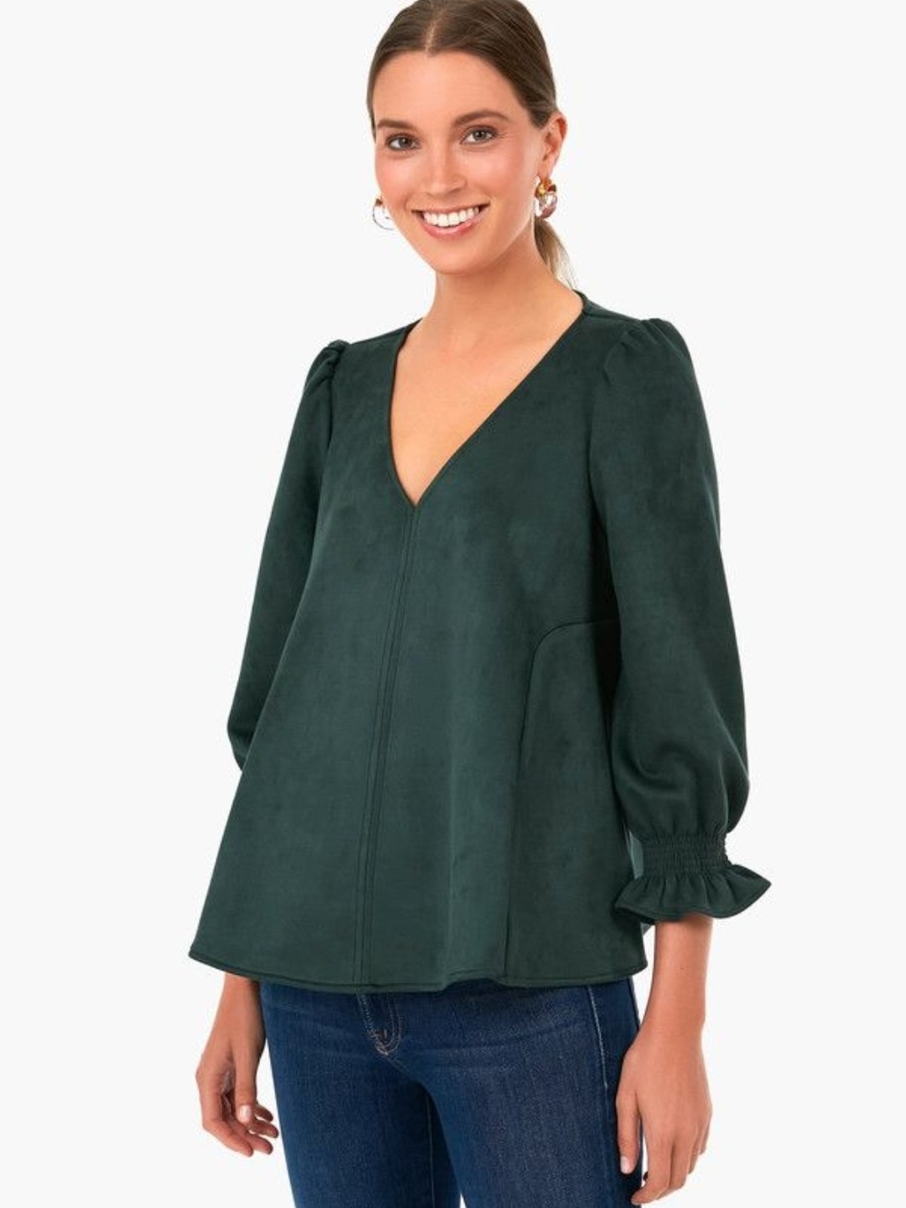 Tuckernuck Deep Green V-Neck Blouse with Smocked Ruffle Cuffs